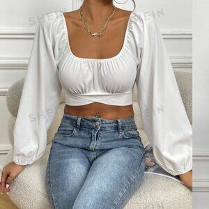 SHEIN Privé Ruched Knot Back Crop Blouse